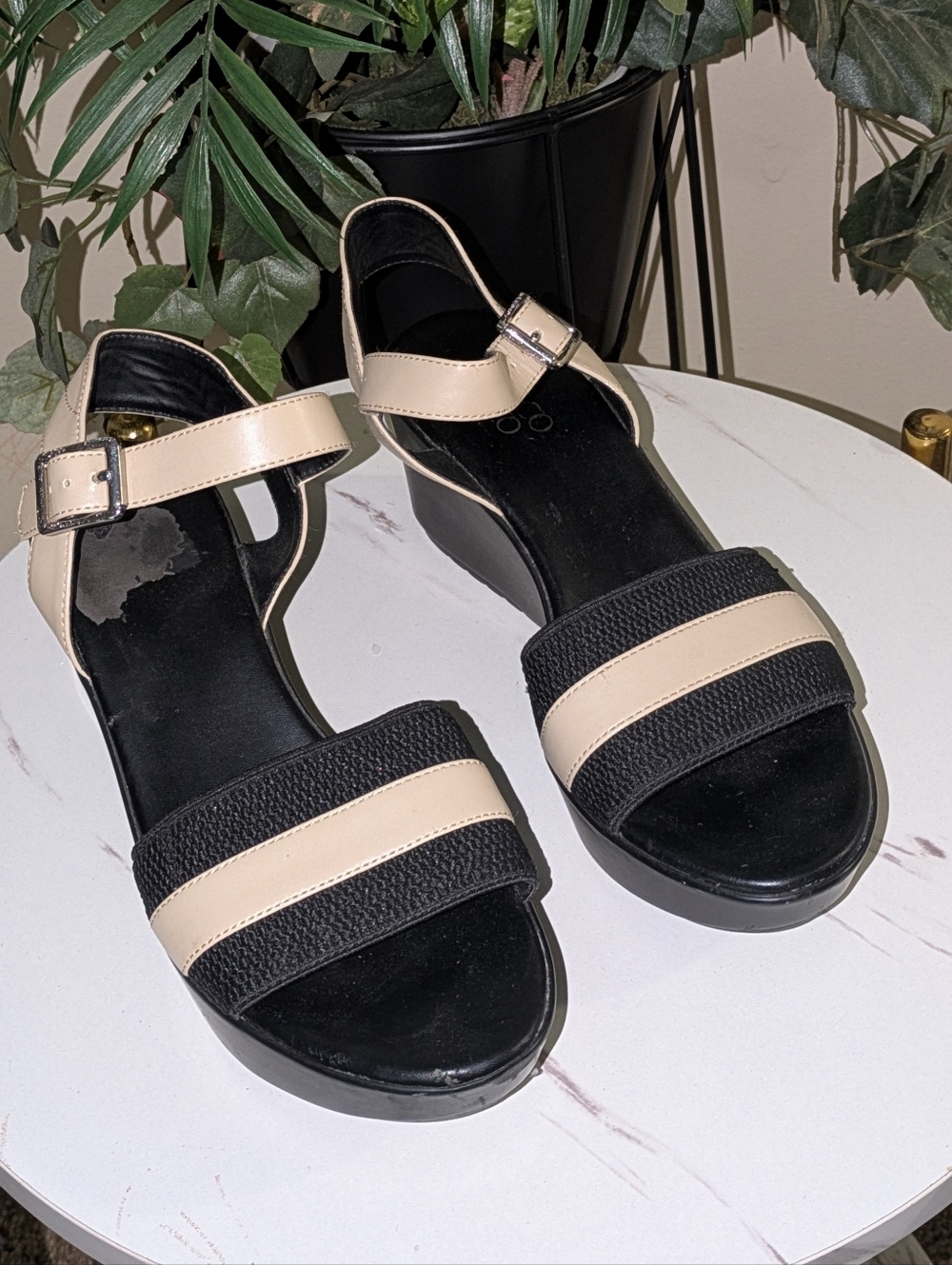Franco Sarto Black and Beige Wedge Sandals with Ankle Strap - Picture 4 of 10